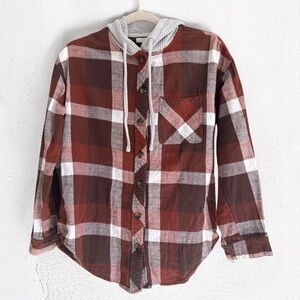 Maurices Women’s Brown/Red/White Plaid Button-Up Hoodie Shirt – Size Small